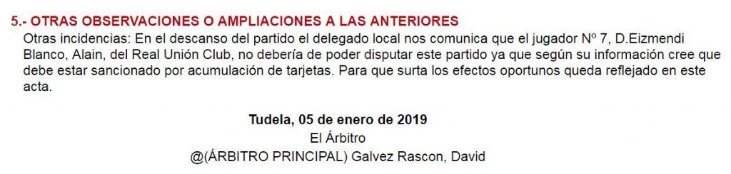 El colegiado Gálvez Rascón recogió en el acta la denuncia de alineación indebida realizada por el Tudelano