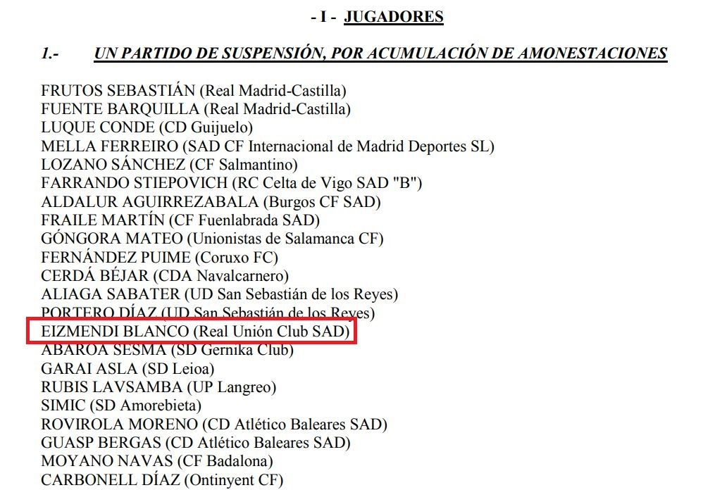 Documento publicado por la RFEF el pasado miércoles 2 de Enero donde se recoge la supuesta sanción a Alain Eizmendi