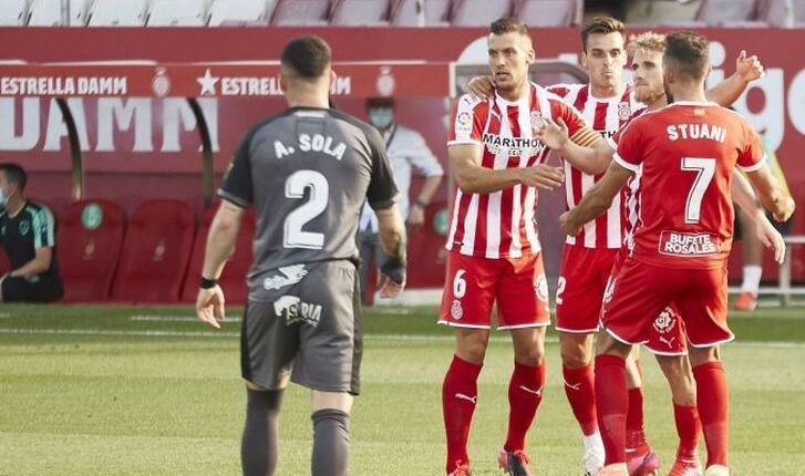 Jugadores del Girona celebran el 1-0 frente al Numancia