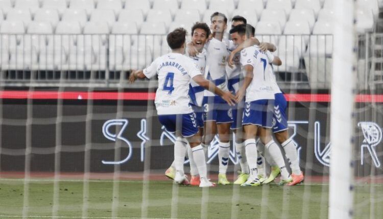 Los jugadores del CD Tenerife celebran el gol de Álex Bermejo en Almería