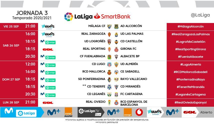 Horarios J3. LaLiga SmartBank