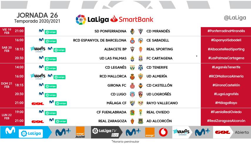 Horarios J26 LaLiga SmartBank