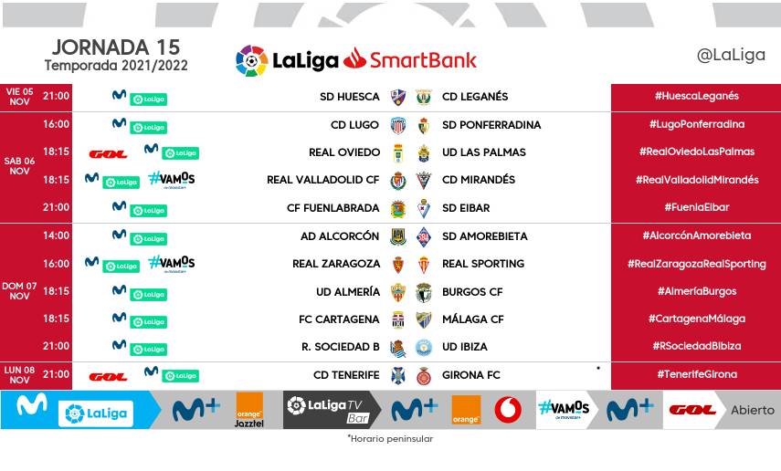 Horarios Jornada 15 en Segunda