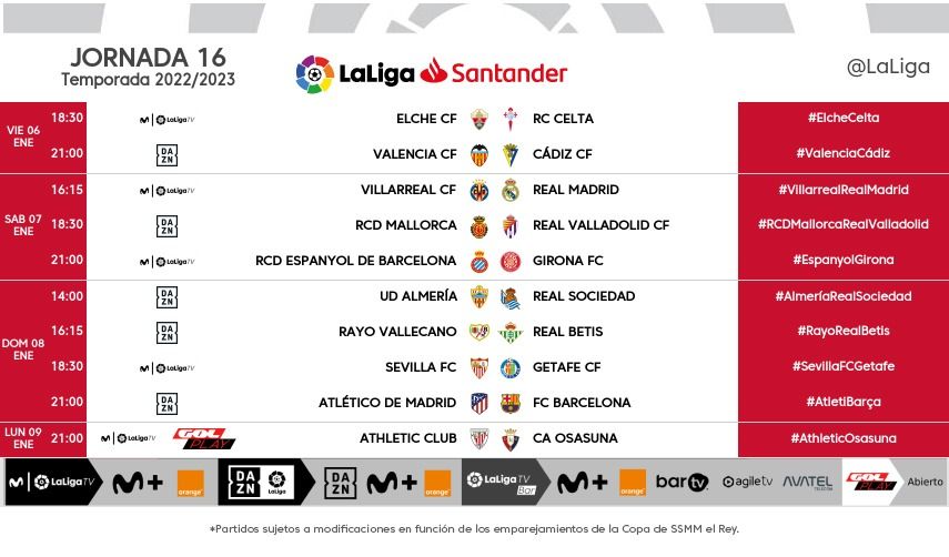 Horarios para la jornada 16