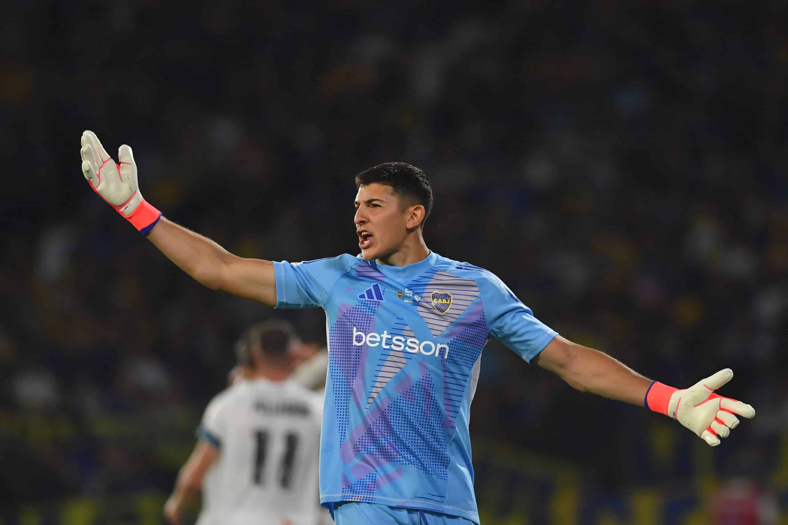 CORDOBA, ARGENTINA - NOVEMBER 27: Leandro Brey of Boca Juniors reacts after Velez Sarsfield's second goal scored by an own goal from Jorge Figal of Boca Juniors (not in frame) during the Copa Argentina 2024 Semi-final match between Boca Juniors and Velez Sarsfield at Mario Alberto Kempes Stadium on November 27, 2024 in Cordoba, Argentina. (Photo by Hernan Cortez/Getty Images)